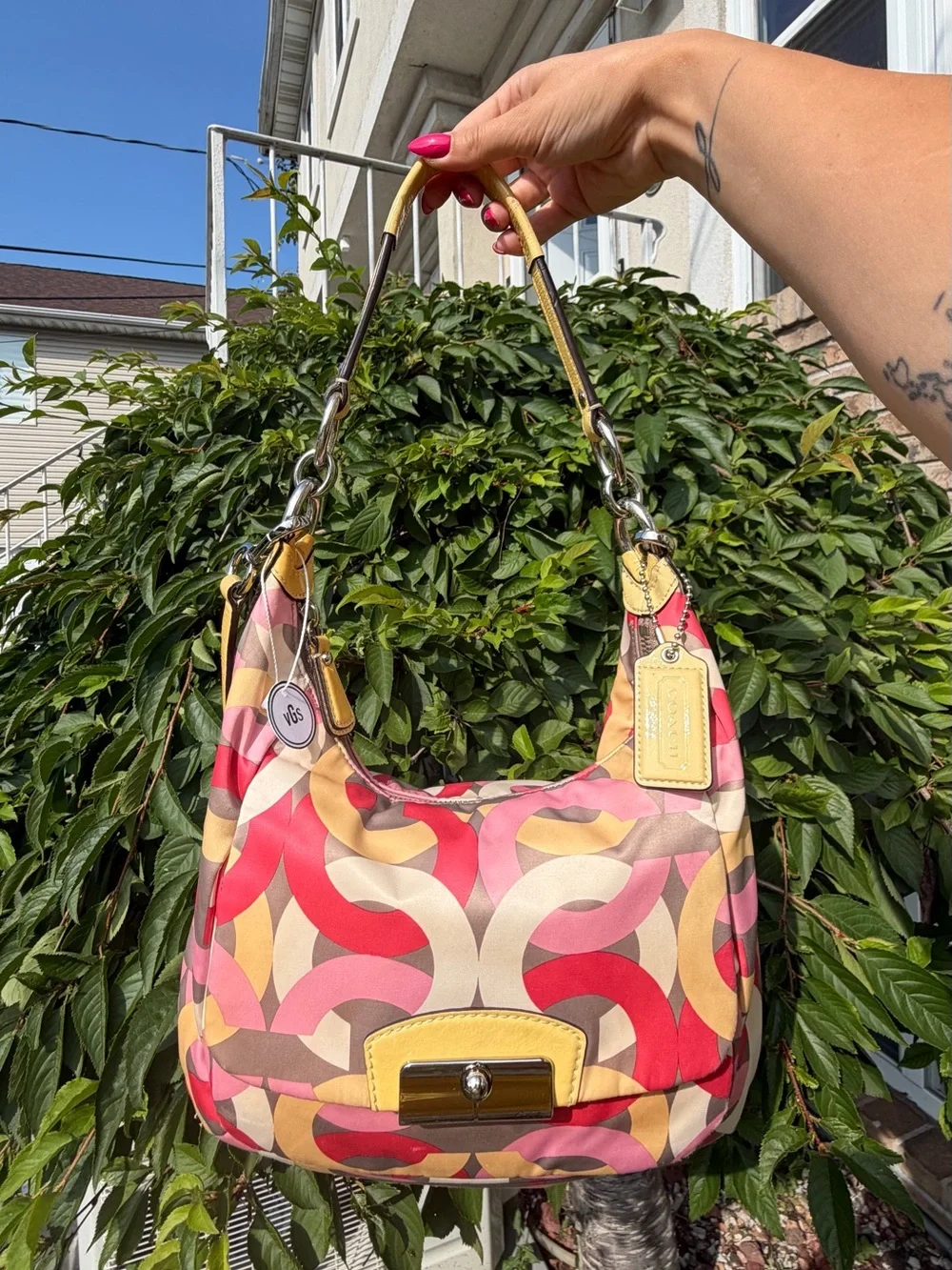 Coach Y2K Multicolor Kristin Op Art Sateen Shoulder Crossbody Bag Pink Yellow